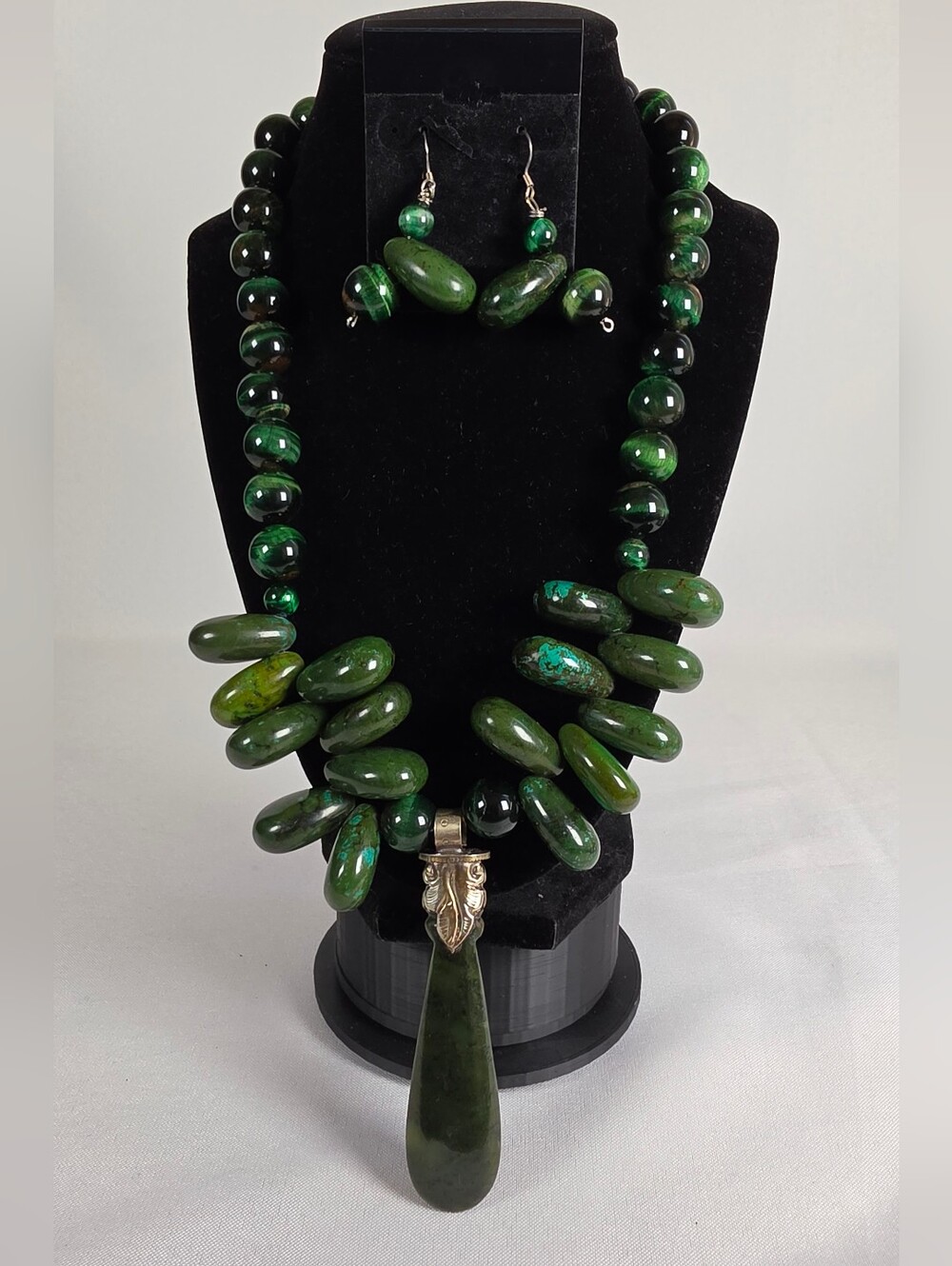 Artisan Green Jade & Tiger's Eye Statement Necklace & Earring Set Heavy Gemstone